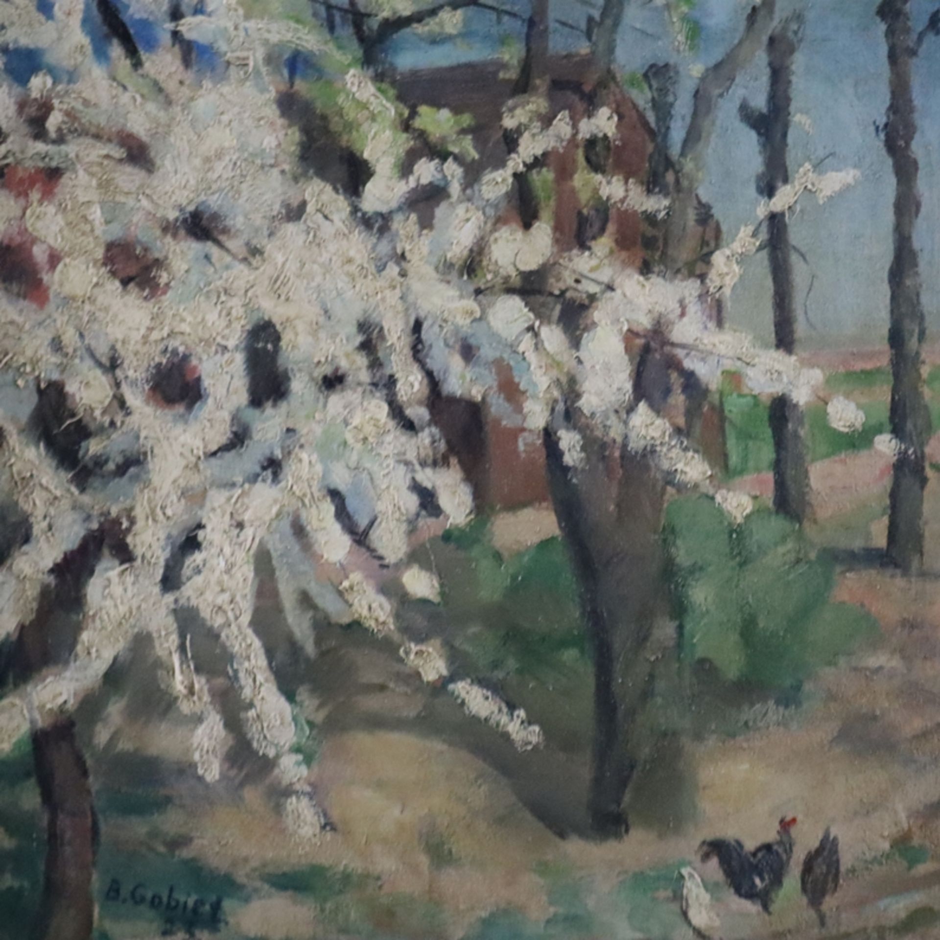 Gobiet, Bernhard (1892 Düsseldorf - 1945 ebenda) - Dorfszene mit Apfelblüte, 1923, Öl auf Leinwand, - Bild 3 aus 9