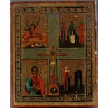 Vierfeldikone mit der Kreuzigung Christi - Russland, 19. Jh., Eitempera und Gold über Kreide auf Ho