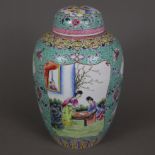 Deckelvase - China, Republikzeit, ovoide Wandung mit gewölbtem Stülpdeckel, allseits üppig dekorier