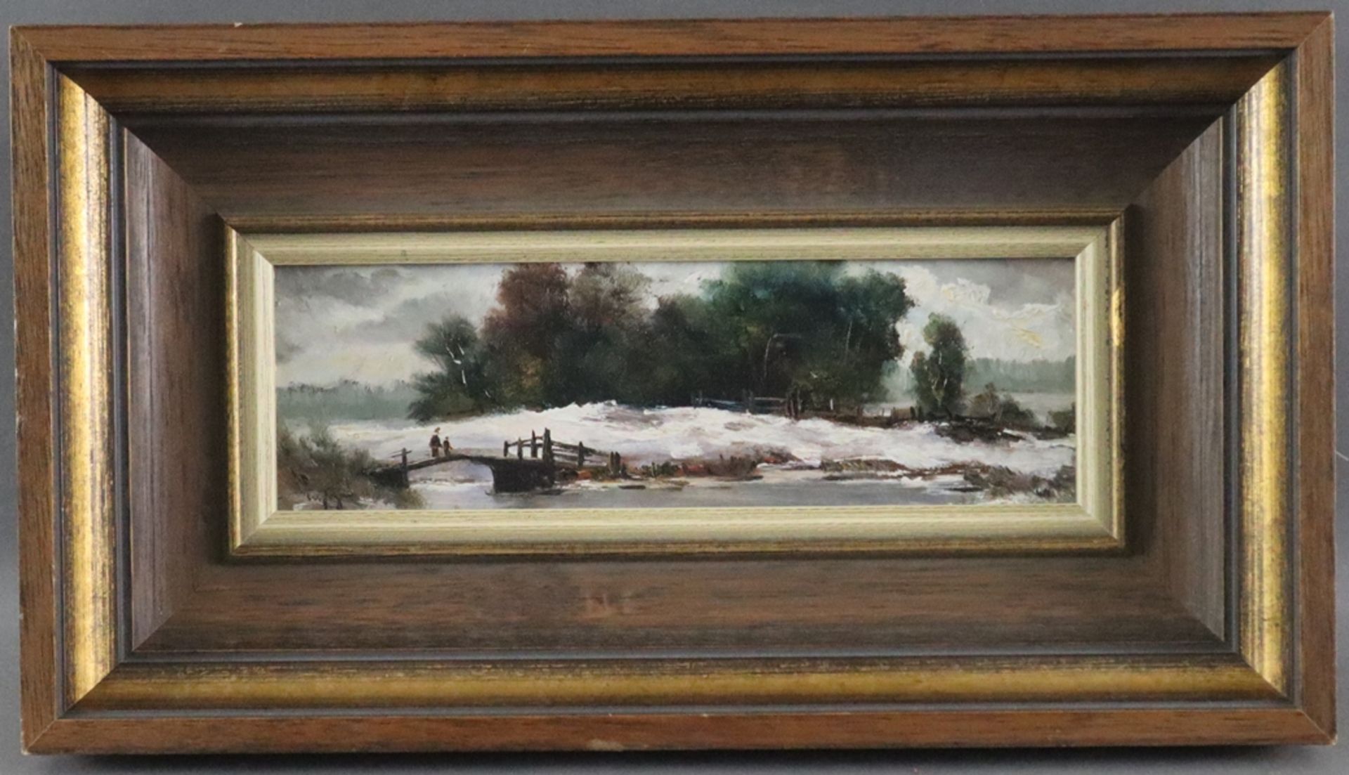 Unbekannte/r Künstler/in (20.Jh.) - Winterliche Flusslandschaft mit Figuren auf einer Brücke, Öl au - Image 2 of 7