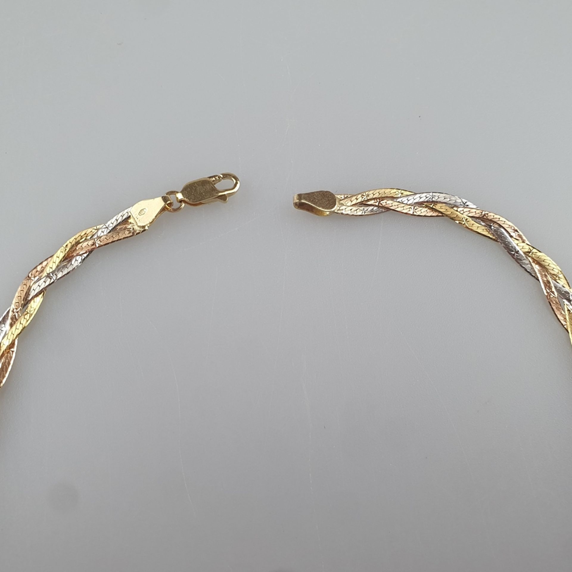 Filigranes Flechtcollier- Gelb-/Rosé-/Weißgold 585/000 (14K), gestempelt, schmales geflochtenes Ban - Bild 3 aus 4