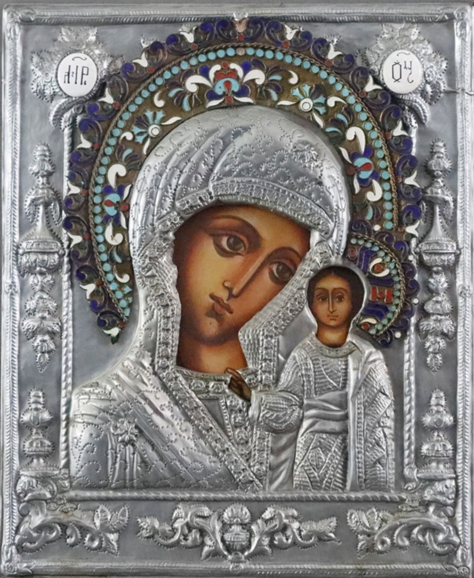 Oklad-Ikone "Gottesmutter von Kasan" (Kazanskaja) - Russland, 20. Jh., polychrome Temperamalerei au