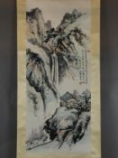 Chinesisches Rollbild - Xue Huishan- Berglandschaft mit Wasserfall und Architekturstaffage, Tusche 