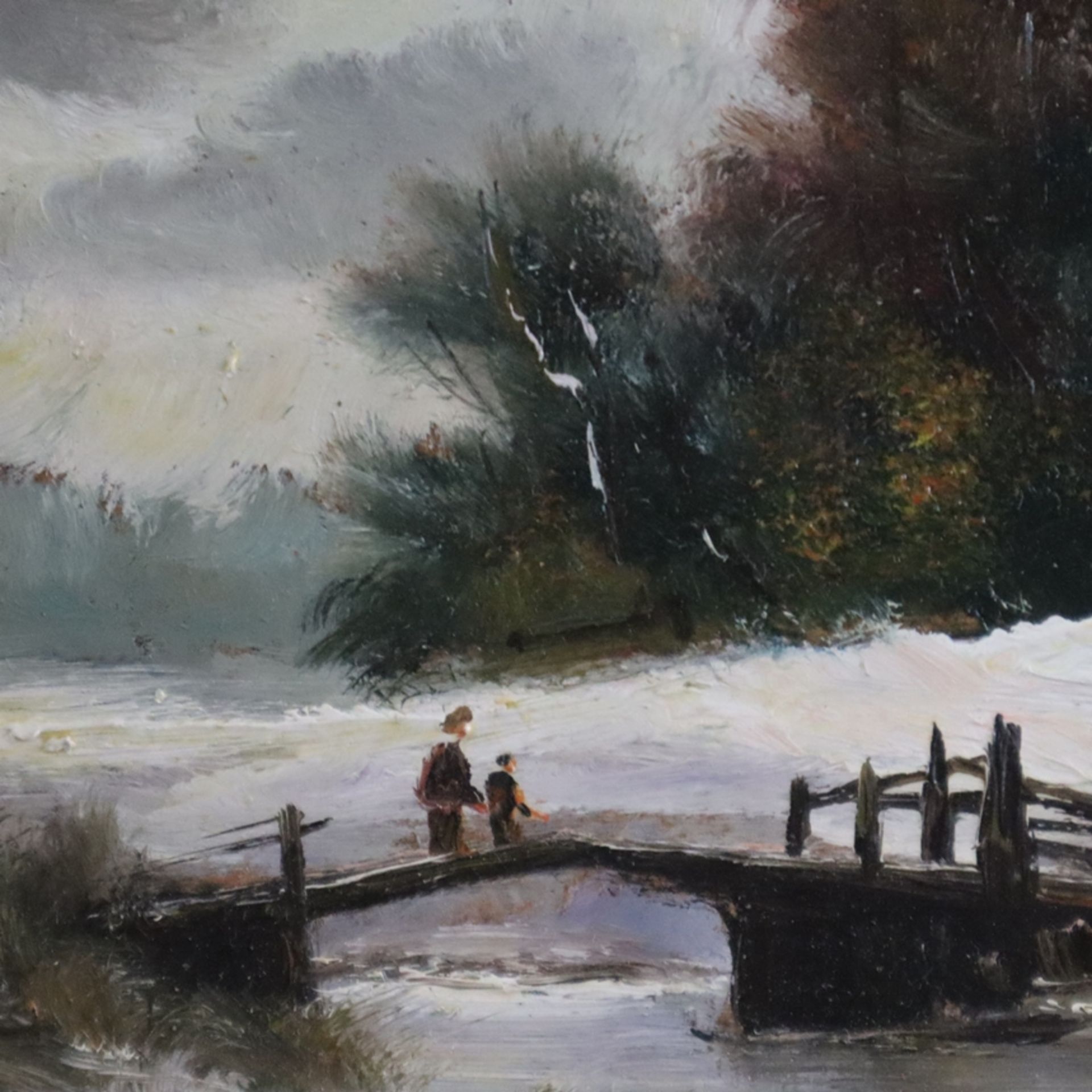 Unbekannte/r Künstler/in (20.Jh.) - Winterliche Flusslandschaft mit Figuren auf einer Brücke, Öl au - Image 3 of 7