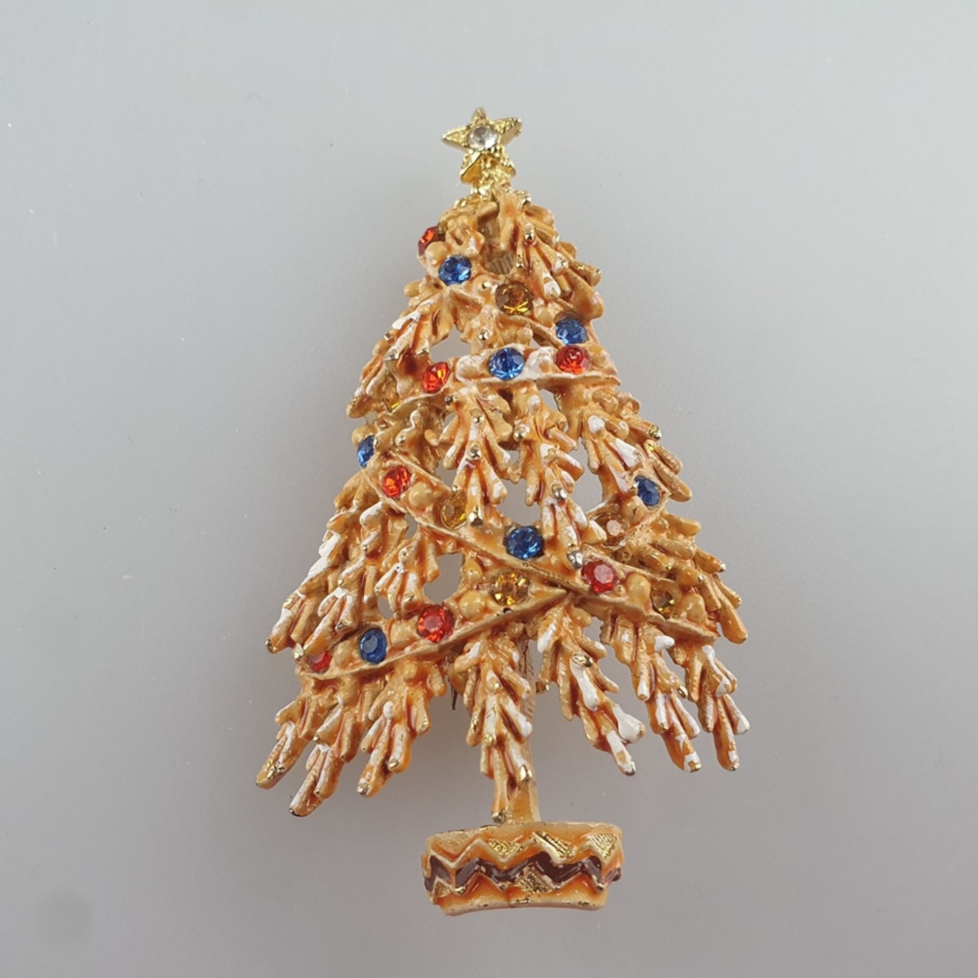 Vintage-"Christmas"-Brosche - ART/USA, Weihnachtsbaum, goldfarbenes Metall, innen satiniert, Besatz
