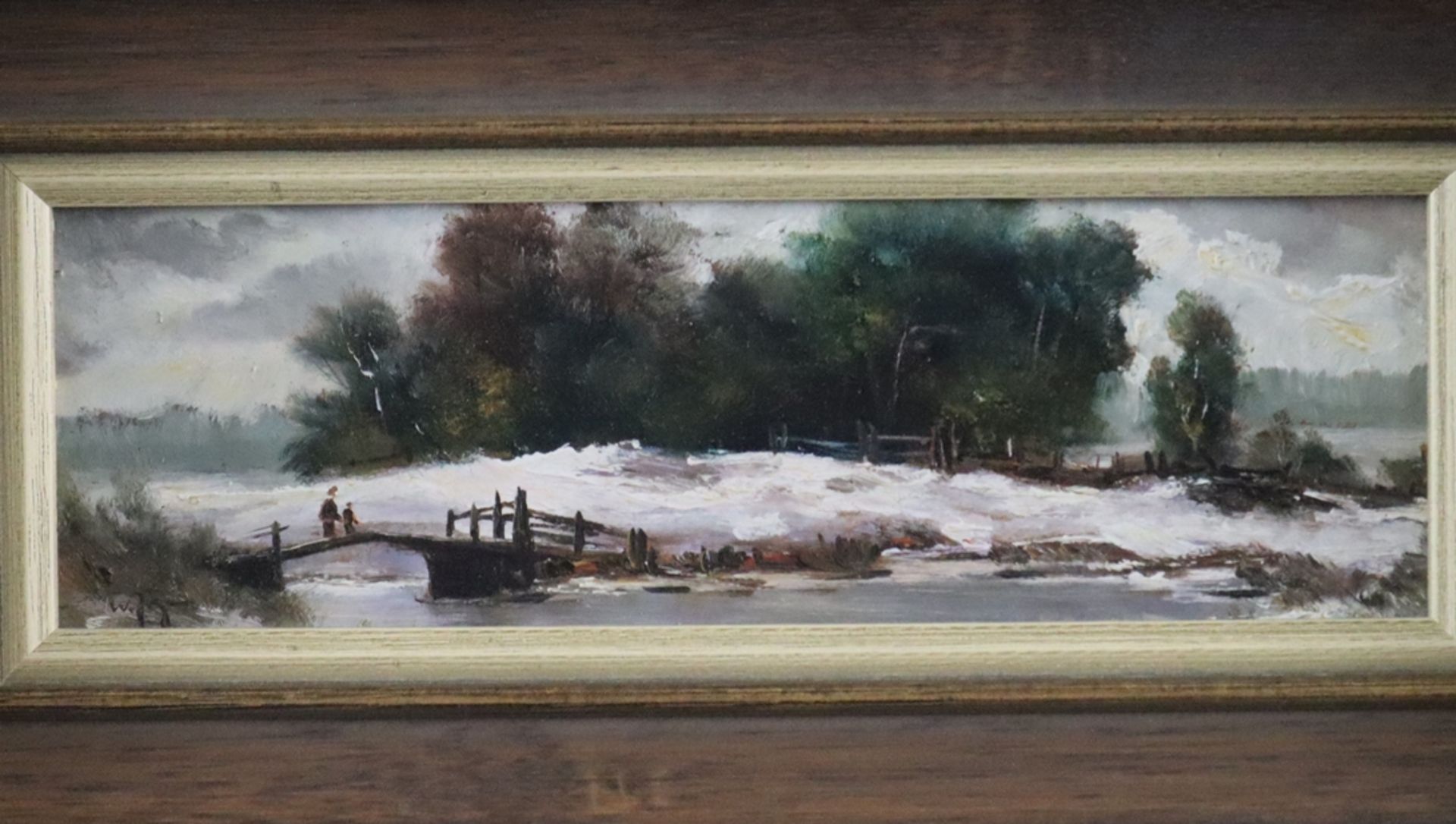 Unbekannte/r Künstler/in (20.Jh.) - Winterliche Flusslandschaft mit Figuren auf einer Brücke, Öl au