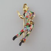 Figürliche Silberbrosche - Sterling Silber vergoldet, filigrane Harlekinfigur mit mehrfarbigen Emai
