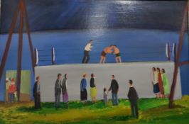 J.BINGHAM OIL ON BOARD 'THE BOXING BOOTH' 24 X 36 INCHES