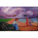 J.BINGHAM OIL ON BOARD 'GIRLS WITH PARASOLS' 24 X 36 INCHES