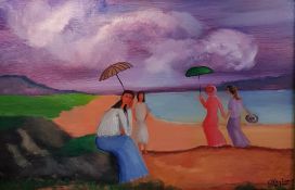 J.BINGHAM OIL ON BOARD 'GIRLS WITH PARASOLS' 24 X 36 INCHES