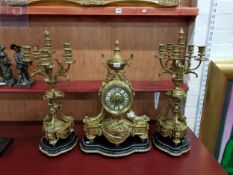 A Large 19th Century Gilt Bronze Louis XVI Style Mantle Clock Set. The Clock Signed By G.Philippe,