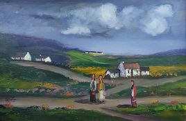 J.BINGHAM OIL ON BOARD 'THE 3 NEIGHBOURS' 20 X 30 INCHES