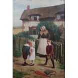 THOMAS BROWNE - OIL ON CANVAS - CHILDREN PLAYING AT THE GATE 24" X 36"