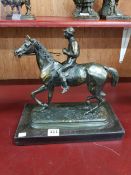 FRENCH BRONZE OF HORSE & JOCKEY SIGNED ETIENNE DESIRE LOISEAU. STANDS 12" TO INC BASE