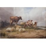 THOMAS SIDNEY COOPER - WATERCOLOUR - CATTLE & SHEEP RESTING - 36" WIDTH X 24" HEIGHT SIGNED AT