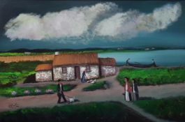 J.BINGHAM OIL ON BOARD 'LIFE IN DONEGAL' 42 X 28 INCHES