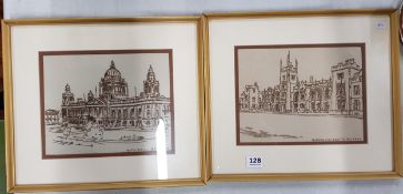 2 FRAMED EMBROIDERED BELFAST PICTURES QUEENS & CITY HALL