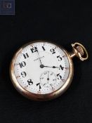 ANTIQUE GOLD PLATED HAMILTON RAILWAY OPEN FACED POCKET WATCH WITH SCREW IN BACK IN GOOD WORKING