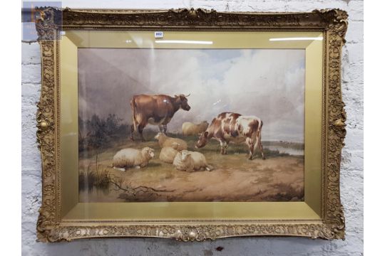 THOMAS SIDNEY COOPER - WATERCOLOUR - CATTLE & SHEEP RESTING - 36" WIDTH X 24" HEIGHT SIGNED AT - Image 2 of 3