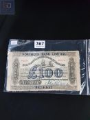 NORTHERN BANK LIMITED £100 BANKNOTE DATED 2ND JUNE 1919 SIGNED CRAIG