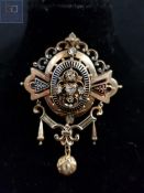 VICTORIAN 18 CARAT GOLD & DIAMOND MOURNING BROOCH ADORNED WITH 6 DIAMONDS AND ENAMEL