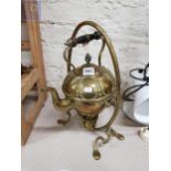 OLD BRASS KETTLE ON STAND WITH BURNER. STAMPED TOWNSEND & CO ON BASE OF KETTLE & BURNER