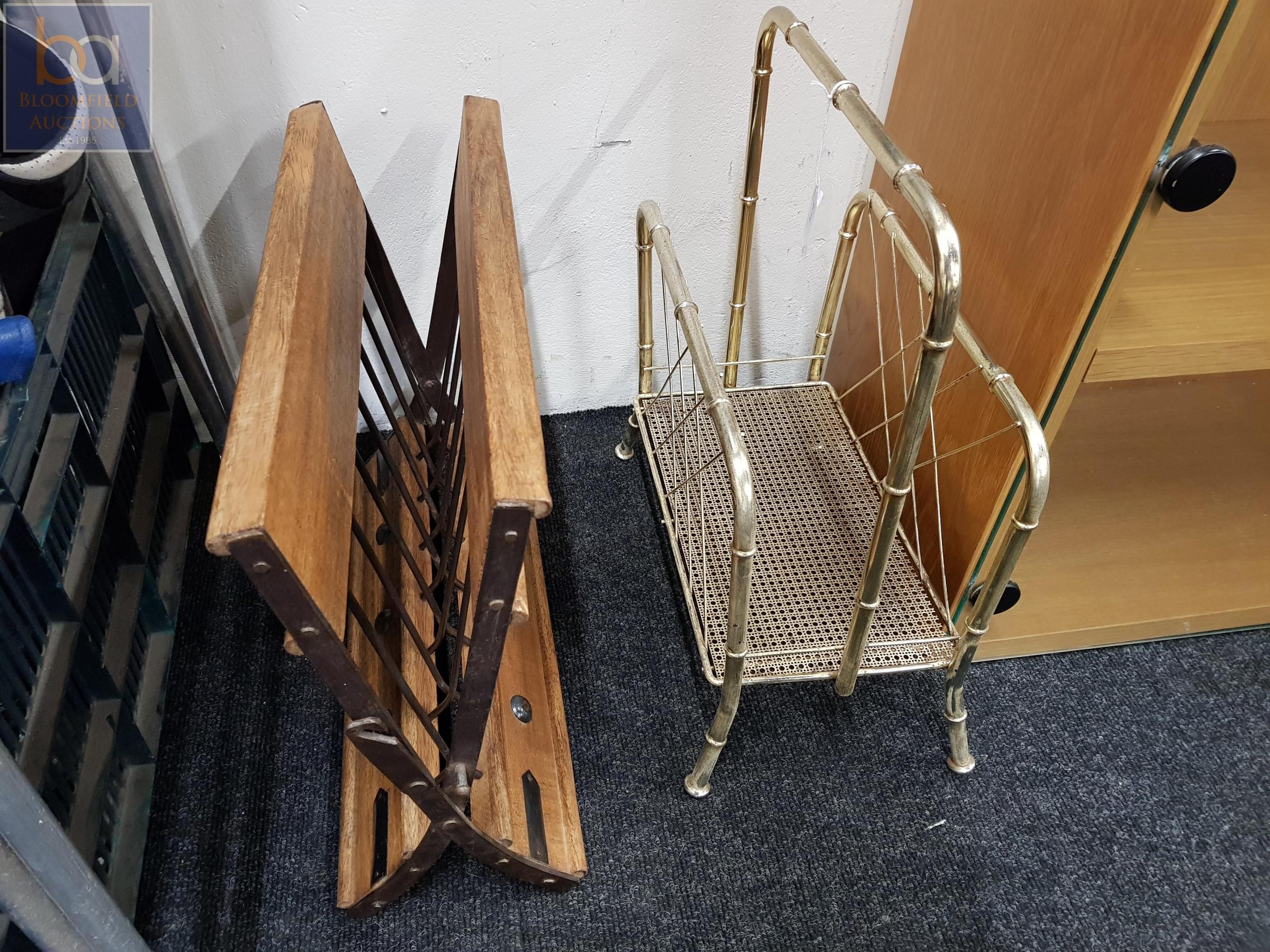 2 MAGAZINE RACKS ONE BRASS AND ONE WOOD AND STEEL