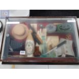 BOXED GLASS DISPLAY CASE OF VARIOUS ANTIQUES AND CURIOS