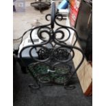 WROUGHT IRON WINE BOTTLE HOLDER AND 2 CAST IRON TRIVETS