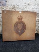 LARGE WOODEN BOX WITH ROYAL ULSTER CONSTABULARY ENGRAVED BADGE