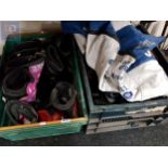 2 X CRATES OF MOTORBIKE BOOTS AND A BMW MOTORBIKE JACKET