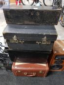2 METAL DOCUMENT BOXES AND 2 OLD SUITCASES