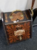ANTIQUE MAHOGANY POKERWORK COAL SCUTTLE WITH 2 CARVED SCENES