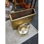 BRASS KETTLE AND MAGAZINE RACK