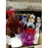BOX LOT OF COLOURED GLASS AND ORNAMENTS