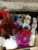 BOX LOT OF COLOURED GLASS AND ORNAMENTS