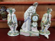 STUNNING 3 PIECE CLOCK SET (EARLY) PORCELAIN WITH FOLIAGE, WOMEN, YOUNG GIRLS AND CHILDREN. THE