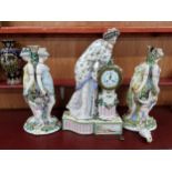 STUNNING 3 PIECE CLOCK SET (EARLY) PORCELAIN WITH FOLIAGE, WOMEN, YOUNG GIRLS AND CHILDREN. THE