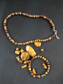 TIGERS EYE NECKLACE BRACELET AND BAG OF TIGERS EYE STONES
