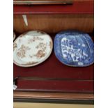 ANTIQUE BELLEEK OVAL PLATE AND WILLOW PATTERN PLATTER