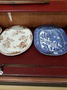 ANTIQUE BELLEEK OVAL PLATE AND WILLOW PATTERN PLATTER