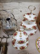 2 ROYAL ALBERT COUNTRY ROSE CAKE STAND AND AN EPNS CAKE STAND AND CRUET SET