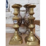 BRASS VASES AND 2 CANDLESTICKS