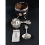 2 ANTIQUE SILVER SPOONS AND EPNS NOTEBOOK AND SHELL AND SILVER GOBLET
