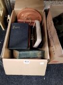 BOX LOT OF BOOKS, CHINA, POTTERY PLAQUE, VIEWER AND VIEWING CARDS