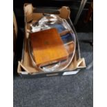 BOX OF EPNS TRAYS AND CANTEEN OF CUTLERY