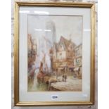 WATERCOLOUR 'CANAL & CATHEDRAL' STREET SCENE J.VAN STAPPEN 14 X 10