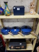 SET OF BLUE LE CREUSET CAST IRON AND ENAMEL SAUCEPANS