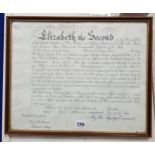 FRAMED POST WAR OFFICERS COMMISION CERTIFICATE FROM QUEEN ELIZABETH II