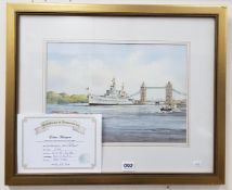 WATER COLOUR HMS BELFAST - KEN BURTON